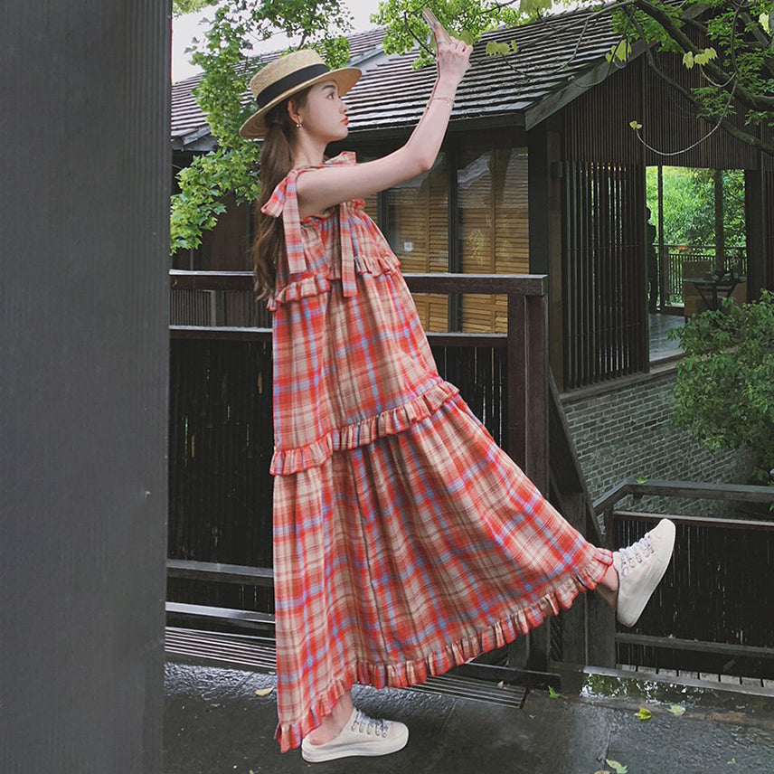 【ワンピース】海辺リゾート ゆったりシルエット 甘め優しげチェック柄ノースリーブワンピース【SHシリーズ】