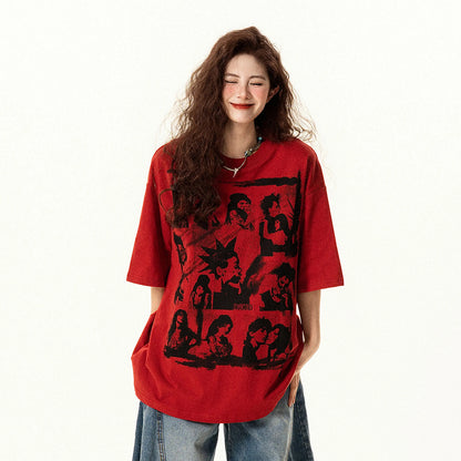 【トップス】アメリカンレトロ 落書きプリント 半袖Tシャツ レディース 夏 ゆったり カジュアル【FCシリーズ】【15〜20日発送】