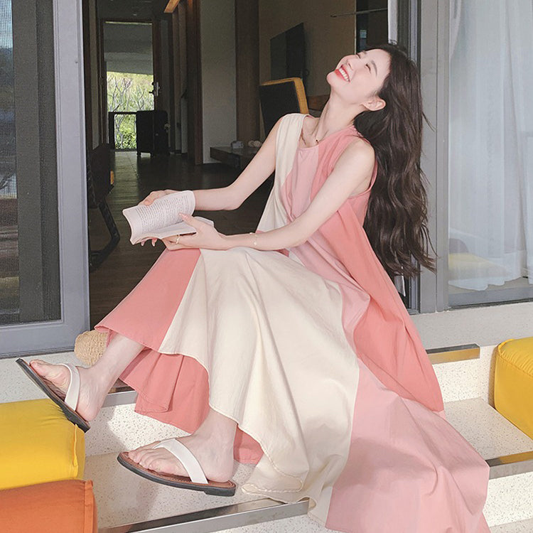 【ワンピース】フレンチエレガンス デザイン性高め リゾート風 夏新作 切り替えノースリーブワンピース【SHシリーズ】