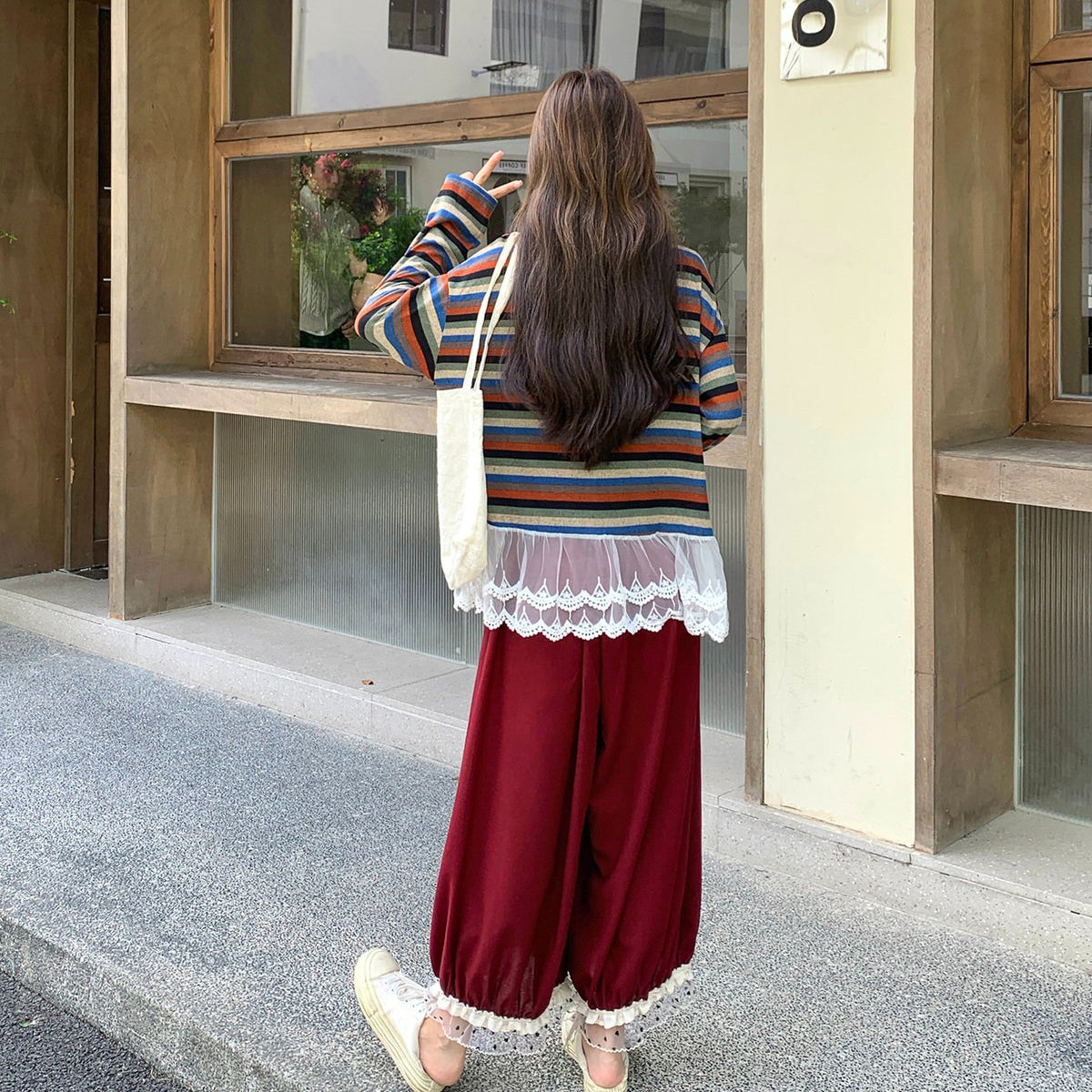 2点セット！【セットアップ】レトロ柄ストライプ切替レーススウェット＆ワイドパンツセット レディース 秋服 新作 大人カジュアル ゆったり体型カバー【JZシリーズ】