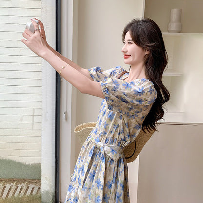 【ワンピース】花柄ワンピース レディース 夏新作 パフスリーブ ティアード フレンチ風 Aライン ロング丈 半袖【SHシリーズ】