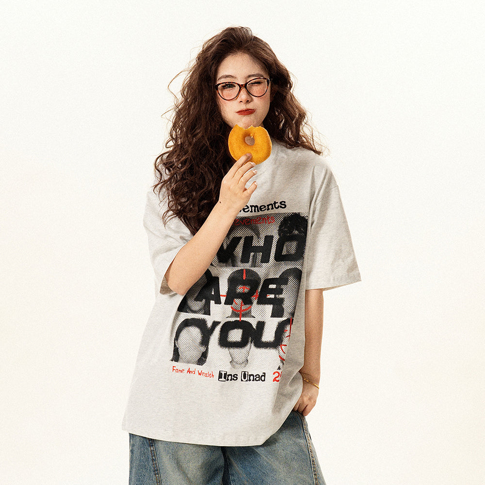 【トップス】アメリカンレトロ 顔プリント 半袖Tシャツ レディース 夏 ゆったり カジュアル ペアコーデ【FCシリーズ】【15〜20日発送】