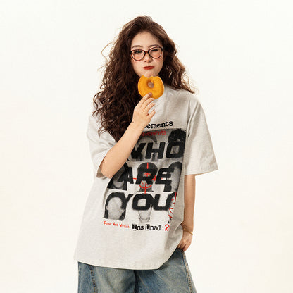 【トップス】アメリカンレトロ 顔プリント 半袖Tシャツ レディース 夏 ゆったり カジュアル ペアコーデ【FCシリーズ】【15〜20日発送】