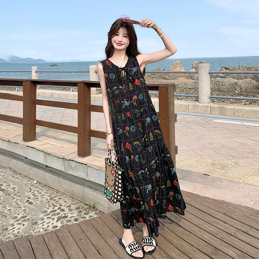 【ワンピース】刺繍プリント ビーチ ノースリーブタンクワンピース【SHシリーズ】