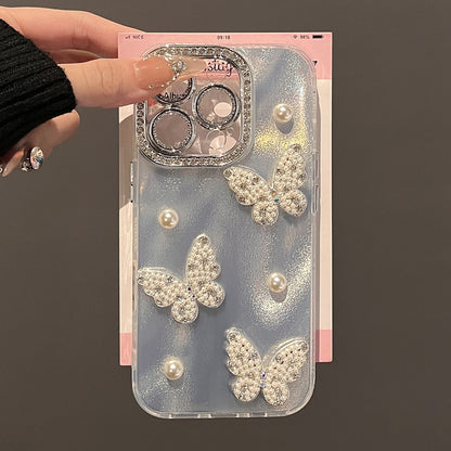 【グッズ】iPhone 16 Pro Max / 15 Pro / 14 Plus / 13 / 12 Pro / 11 用 高級感 ラグジュアリー 新作 立体パール 蝶モチーフ キラキラ ミラーケース レディース スマホカバー