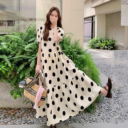 【ワンピース】大きめドット パフスリーブ ワンピース 夏 トレンド感 上品 半袖 マーメイド ロングドレス【SHシリーズ】