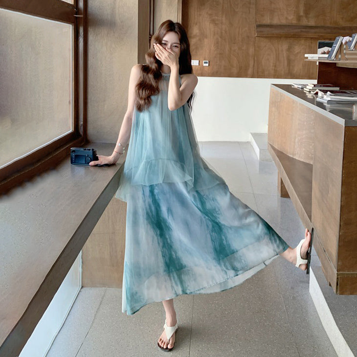 【ワンピース】夏  フレンチ風 タイダイ柄 森系 メッシュパッチワーク ノースリーブワンピース【SHシリーズ】