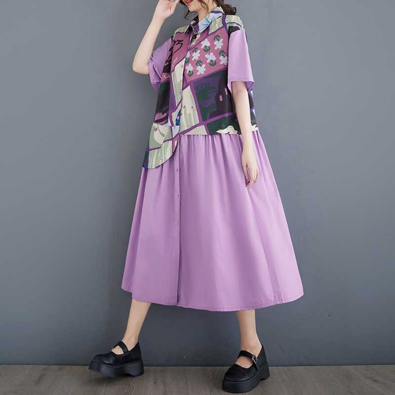 【ワンピース】プリント ワンピース 半袖 膝下 ゆったり ゆるシルエット 切替 痩せ見え 大きいサイズ レディース 夏 楽ちん 快適【SHシリーズ】