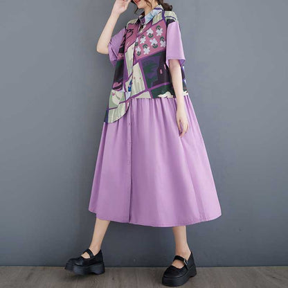 【ワンピース】プリント ワンピース 半袖 膝下 ゆったり ゆるシルエット 切替 痩せ見え 大きいサイズ レディース 夏 楽ちん 快適【SHシリーズ】