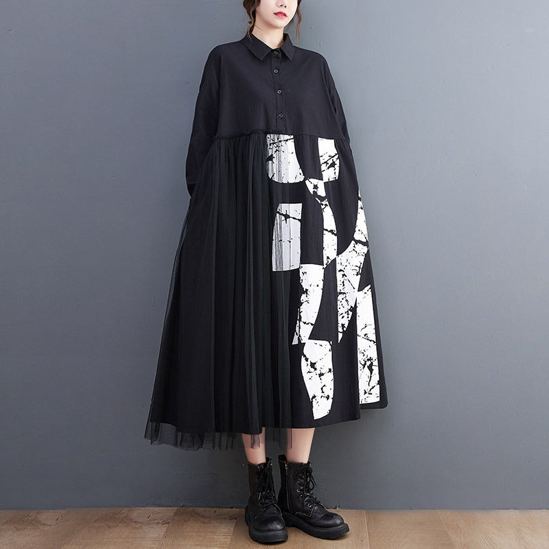 【ワンピース】ゆったり 大きいサイズ チュール切替 ミディ丈ワンピース 文芸レトロ 長袖 レディース レイヤード風 ロングドレス【SHシリーズ】