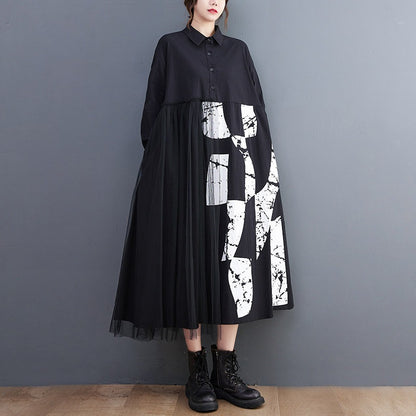 【ワンピース】ゆったり 大きいサイズ チュール切替 ミディ丈ワンピース 文芸レトロ 長袖 レディース レイヤード風 ロングドレス【SHシリーズ】