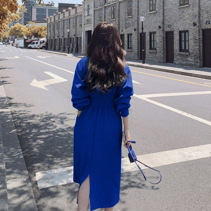 【ワンピース】ブルー丸首スウェットワンピース レディース 春秋新作 韓国風 ゆったり 気質 ウエストマーク 長袖ワンピース【JZシリーズ】