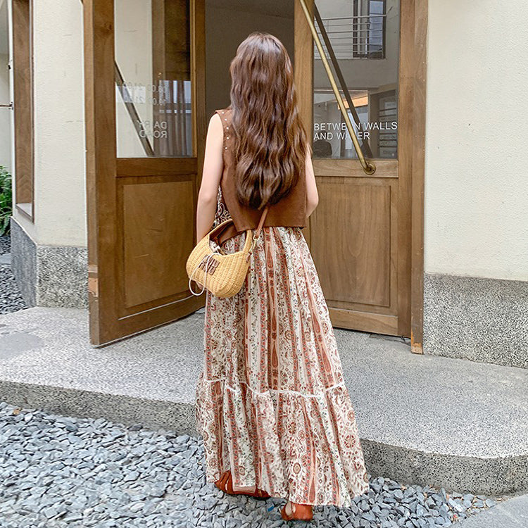 2点セット！【セットアップ】夏に映えるシンプル＆ナチュラル 民族風ベスト付き花柄ワンピースセットアップ 【SHシリーズ】