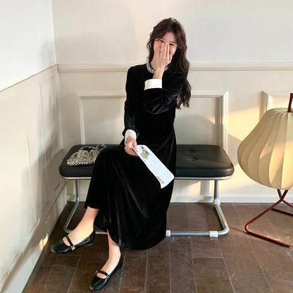 【ワンピース】💖高級感＆ロマンチック♡ヘップバーン風 ベルベット Aライン 長袖ワンピース【JZシリーズ】