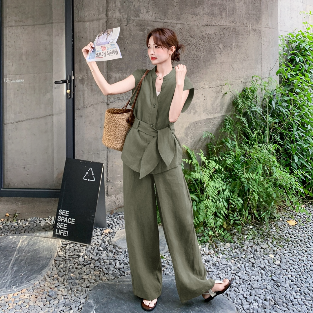 【セットアップ】ウエストマーク シンプル トップス + ワイドパンツ 2点上下セット 【JZシリーズ】