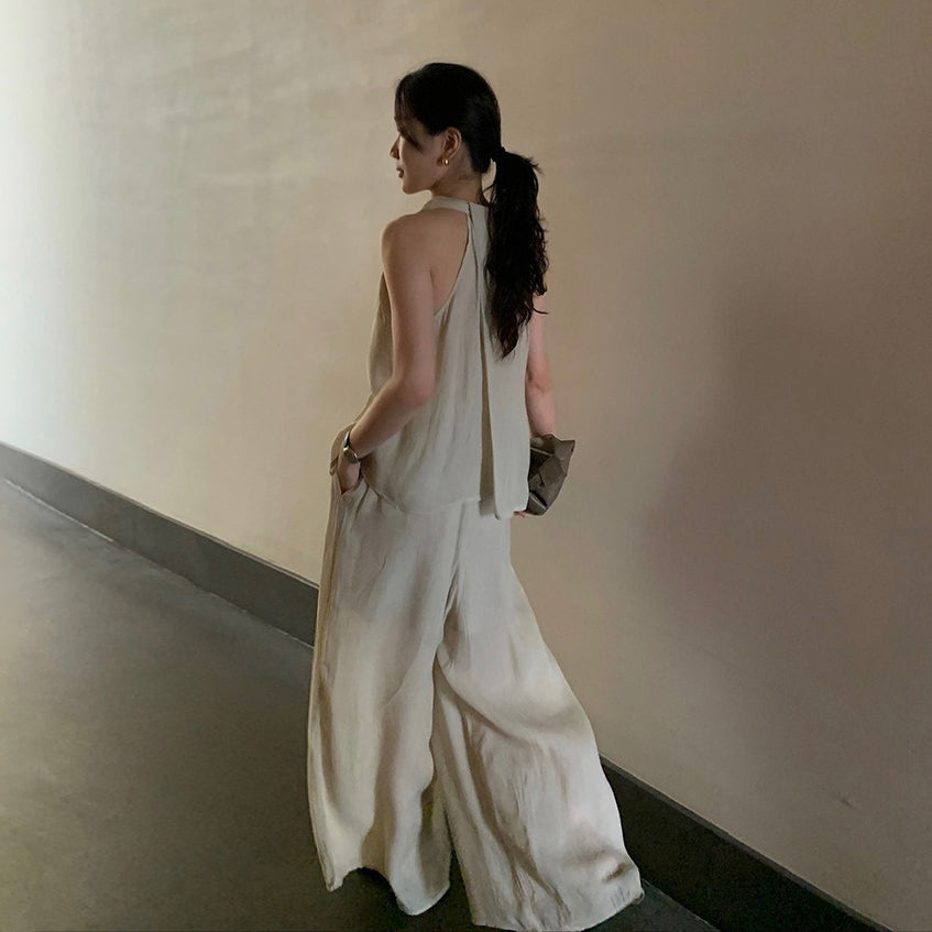 2点セット！【セットアップ】夏 エレガント ハイネック タンクトップ＋ワイドレッグスカート上下セット【JZシリーズ】