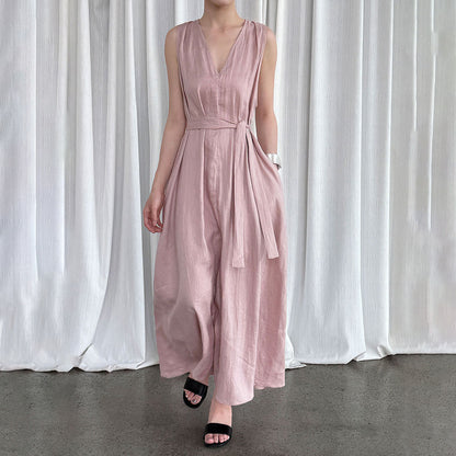 【ワンピース】韓国系シックVネック 夏用 100%苎麻 ノースリーブワンピース【JZシリーズ】