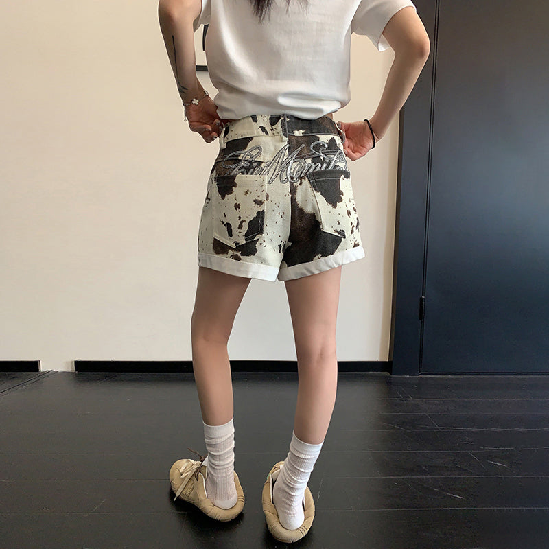 【ボトムス】ヴィンテージ風 カウ柄デザイン 刺繍ショートパンツ ダメージ加工  ルーズ【FCシリーズ】