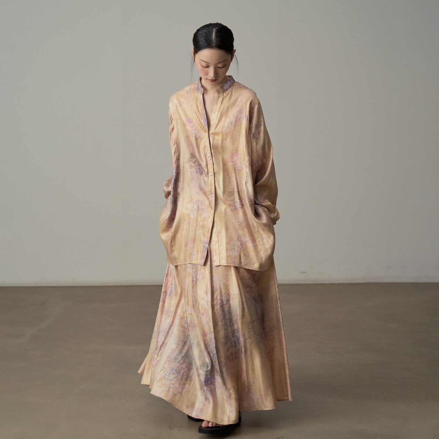 【単品注文】【セットアップ】新中華風 レトロ 薄手 UVカット プリント ゆったり 体型カバー 長袖シャツ＋フレアスカート【SHシリーズ】