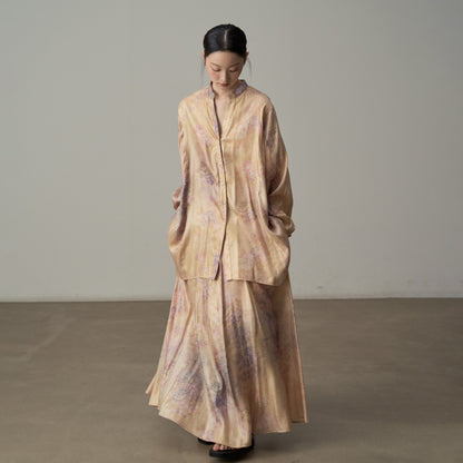 【単品注文】【セットアップ】新中華風 レトロ 薄手 UVカット プリント ゆったり 体型カバー 長袖シャツ＋フレアスカート【SHシリーズ】