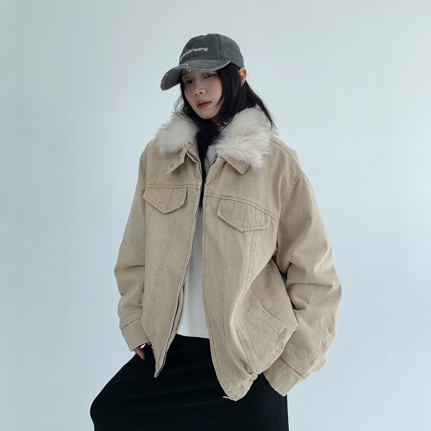 【アウター】春 秋 冬 ウォッシュド ヴィンテージ風 厚手 ファー襟 中綿 ジャケット 【FCシリーズ】