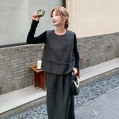 3点セット！【セットアップ】レトロ カジュアル タンクトップ＆Tシャツ＆スカート 上下セット 上品 トレンド感 大人気 かわいい三点セット【JZシリーズ】