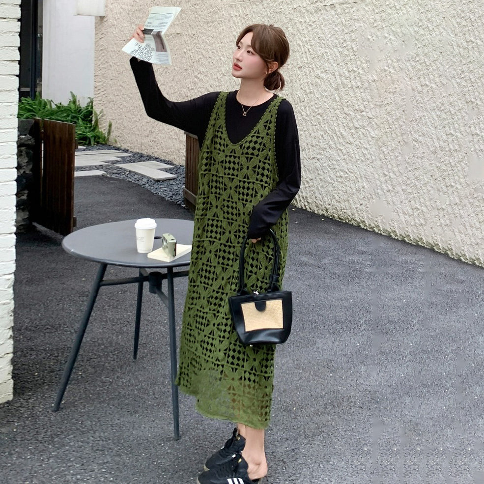 【セットアップ】透かし編みニットワンピースセット レイヤード風 レディース 韓国風 雰囲気2点セット【JZシリーズ】
