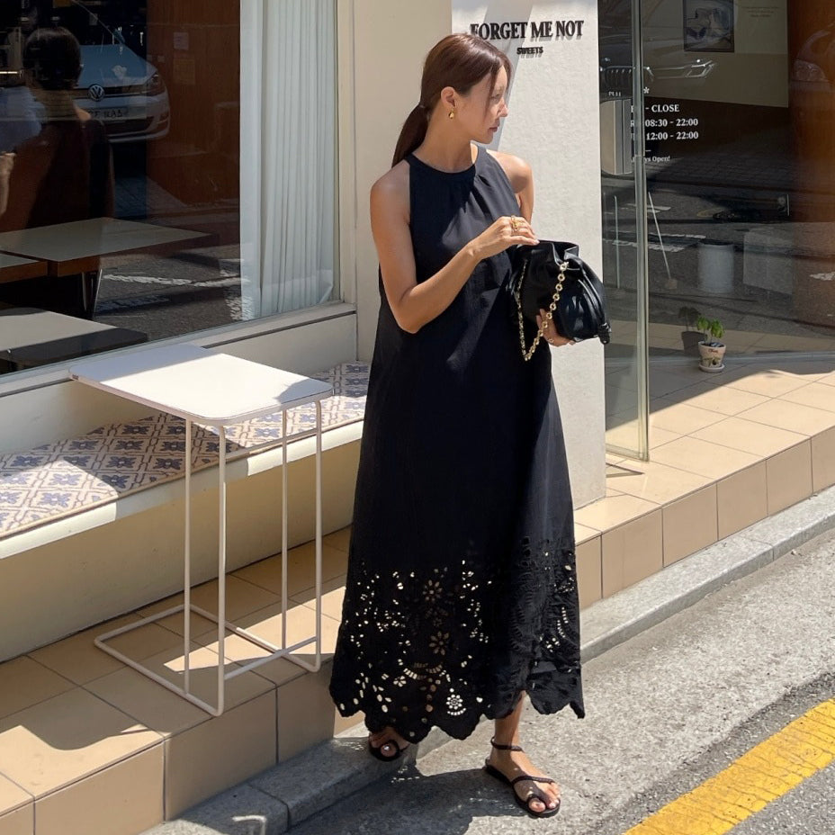 【ワンピース】透かし ノースリーブワンピース ゆったりシルエット レトロ ロングドレス【JZシリーズ】