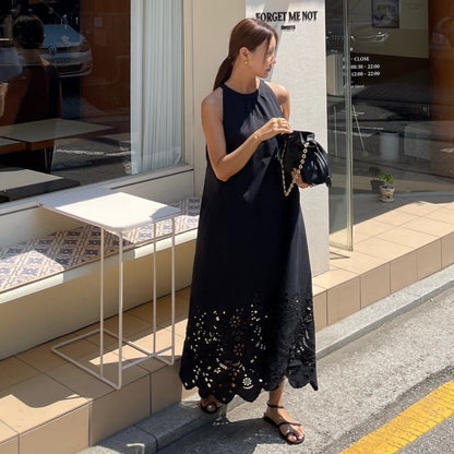 【ワンピース】透かし ノースリーブワンピース ゆったりシルエット レトロ ロングドレス【JZシリーズ】