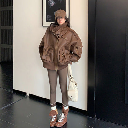 【アウター】重厚感◎スエード調中綿ジャケット レディース 冬のレトロライダース風 綿入れコート【FCシリーズ】【18~25日発送】