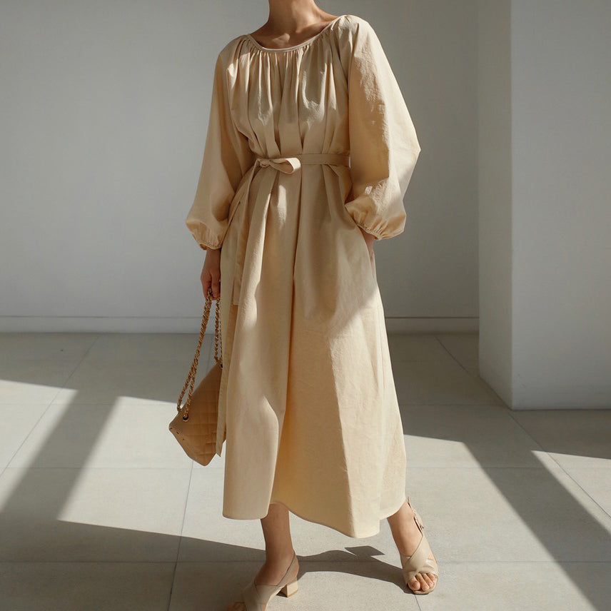 【ワンピース】春秋 ゆったり 大きいサイズ  リボン ランタンスリーブ 長袖ワンピース