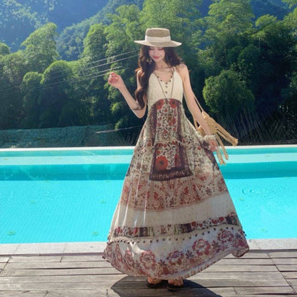 【ワンピース】エスニックボヘミアン風 花柄キャミワンピース Vネック ロング丈 海辺&旅行コーデ バカンスドレス【SHシリーズ】