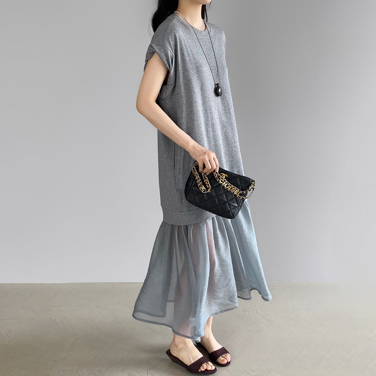 【ワンピース】カジュアル 夏 高級感 韓国風 フェイクツーイン ゆったり半袖Tシャツワンピース【JZシリーズ】