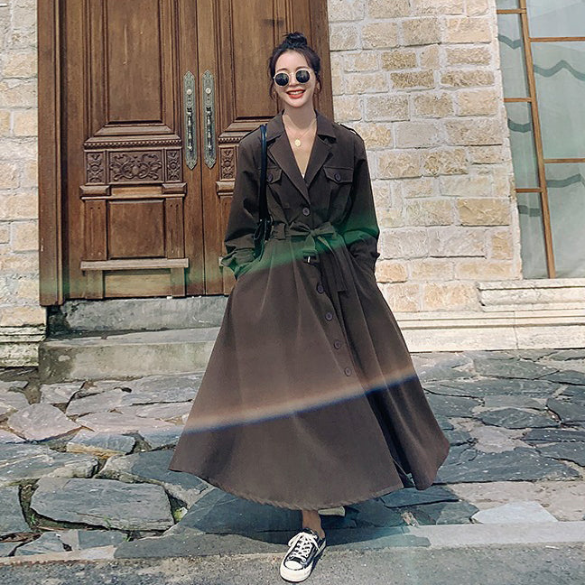 全4色【ワンピース】フレンチ 春秋  気質エレガント トレンチ風 大フレアロング 長袖ワンピース【JZシリーズ】