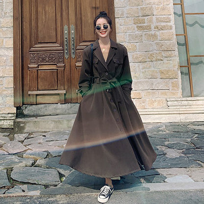 全4色【ワンピース】フレンチ 春秋  気質エレガント トレンチ風 大フレアロング 長袖ワンピース【JZシリーズ】