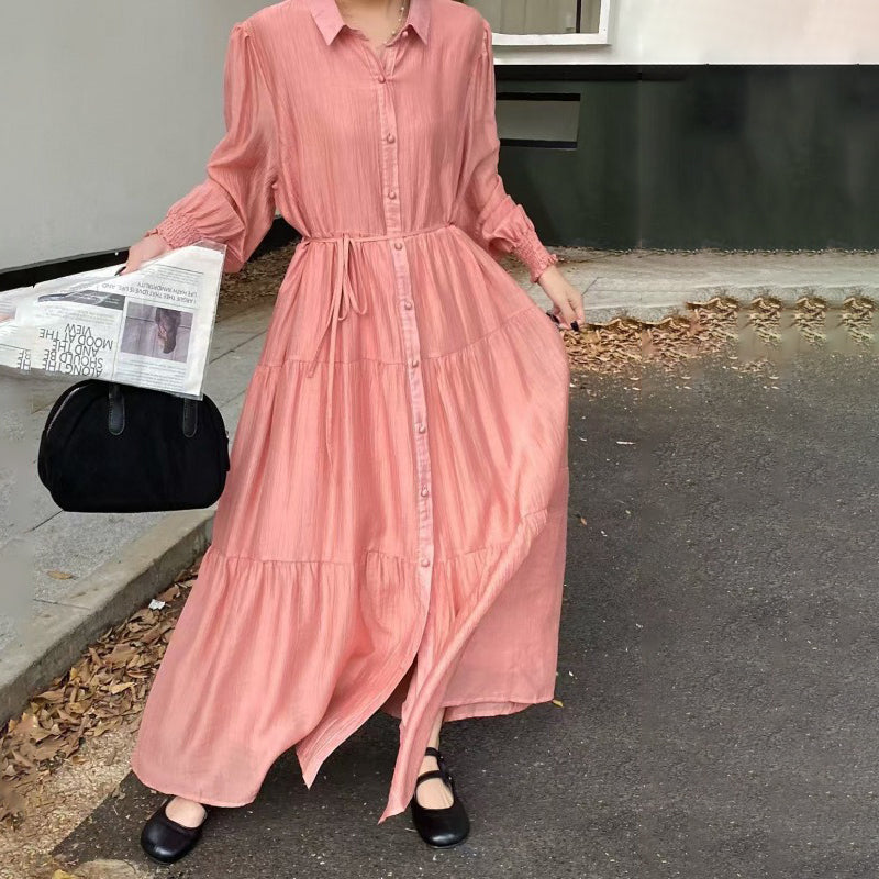 【ワンピース】7カラー 韓国風 ゆったり 大きめサイズ シングルボタン エレガント 長袖ワンピース