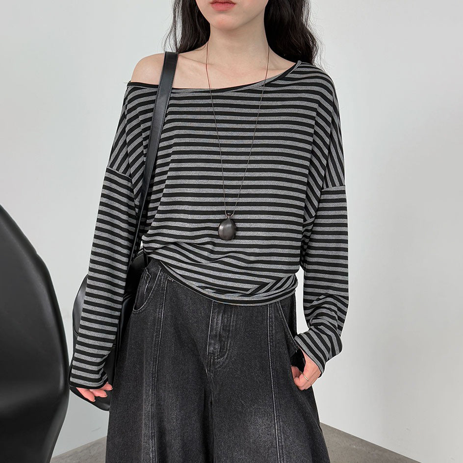 【トップス】韓国風ボーダー柄ワンショルダートップス｜斜めオフショル×ゆるシルエットで抜け感＆細見え【JZシリーズ】