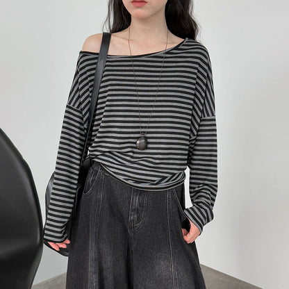 【トップス】韓国風ボーダー柄ワンショルダートップス｜斜めオフショル×ゆるシルエットで抜け感＆細見え【JZシリーズ】