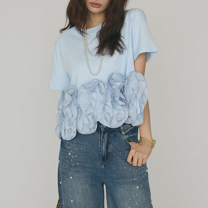 【トップス】Tシャツ 夏 コットン 刺繍デザイン 花モチーフ レース切替 半袖 きれいめ カジュアル【JZシリーズ】