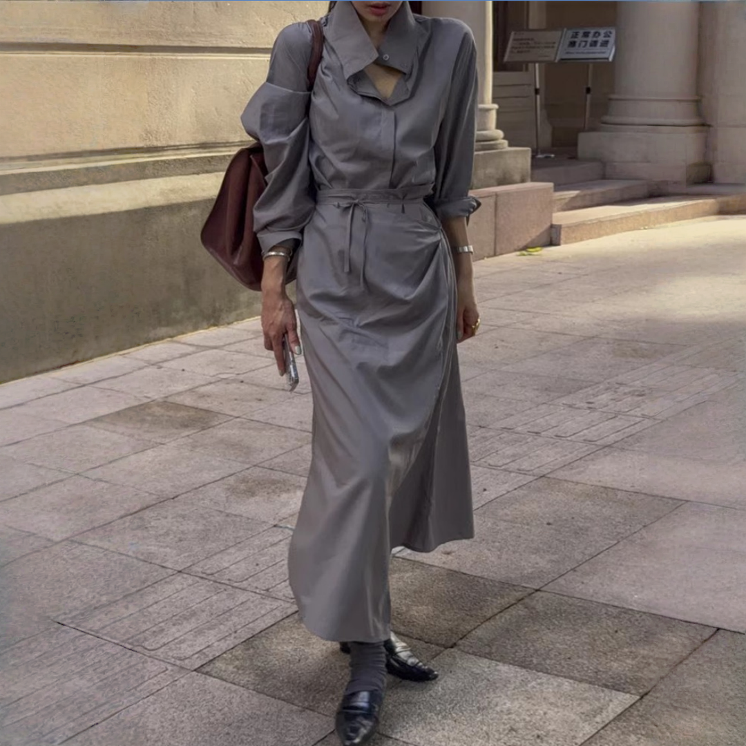 【ワンピース】春 秋 冬 アシンメトリー ウエストリボン 長袖シャツ ワンピース  【JZシリーズ】