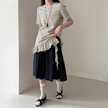 【トップス】韓国風 デザイン感  レディース 2026夏 アシンメトリー フリル裾 ゆったりTシャツ【JZシリーズ】