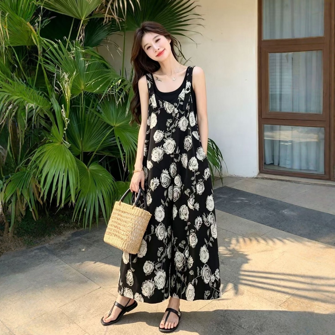 期間限定⭐️60%OFF【ボトムス】ルーズスタイル ローズプリント ゆったり ストラップ オールインワン 【SHシリーズ】