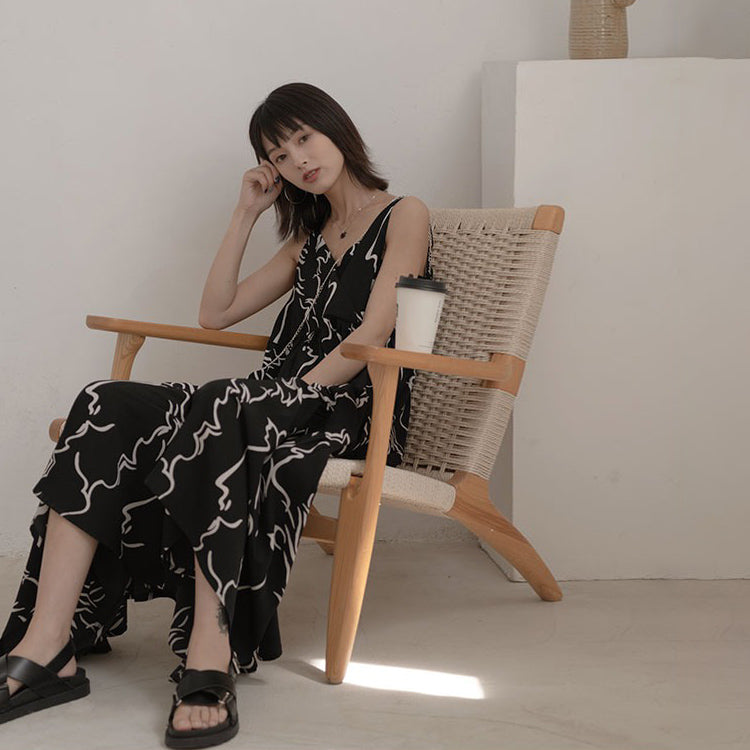 【ワンピース】韓国風 ヴィンテージ 気質 アブストラクトラインプリント ノースリーブワンピース【SHシリーズ】