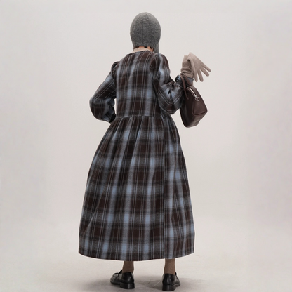 【ワンピース】起毛素材 チェック柄 レトロ クルーネック 長袖 ワンピース 【JZシリーズ】