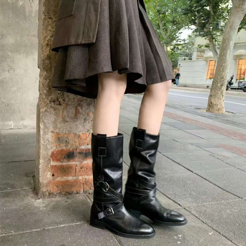 【シューズ】美脚見え ポインテッドトゥ ベルト ミドルライダーブーツ