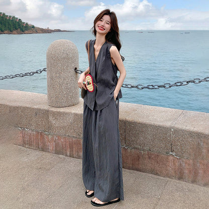 2点セット！【セットアップ】夏 韓国風 通勤 高級感 ジレ＋ワイドパンツ 上下セット【SNシリーズ】【JZシリーズ】