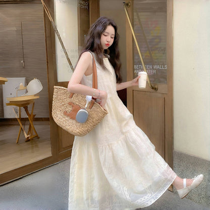 【ワンピース】オフホワイト レース刺繍 ノースリーブ タンク シャツワンピース レディース 夏 フレンチ風 優しげ バカンス デート フェアリー ロングドレス【JZシリーズ】