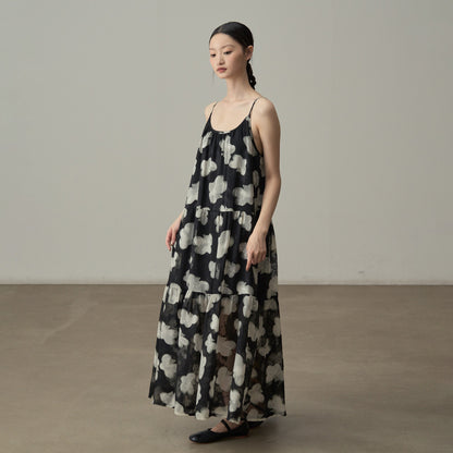 【ワンピース】フレンチレトロ風 花柄ノースリーブワンピース ゆったり体型カバー 休日リゾートコーデに【SHシリーズ】