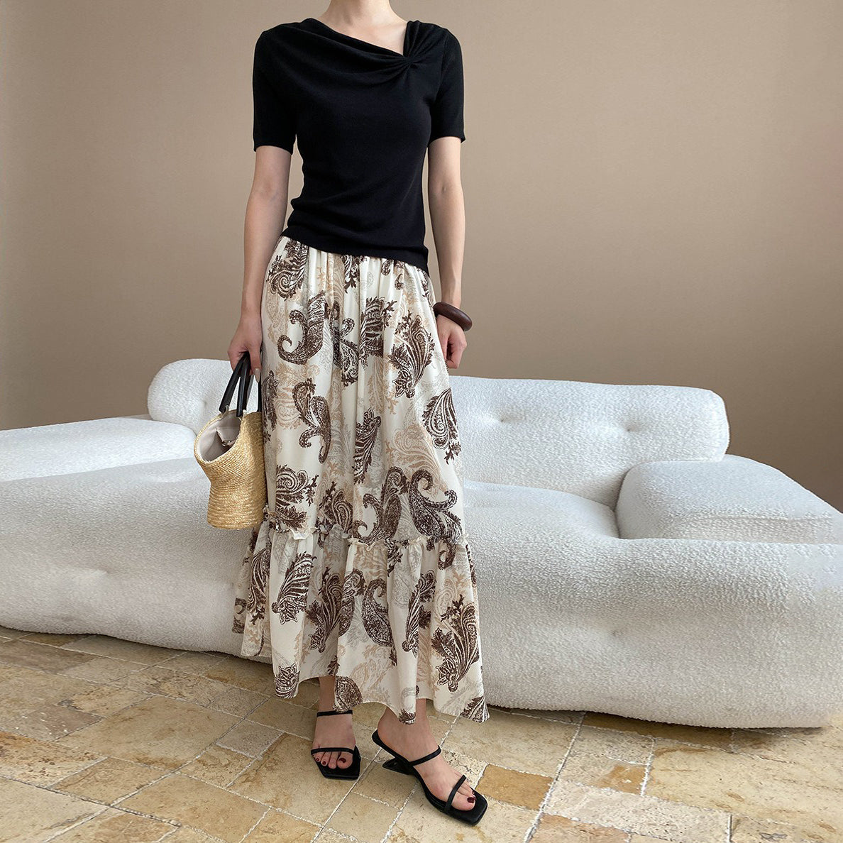 【ボトムス】フレンチバカンス風 フェザー柄切り替えデザイン ハイウエストゴム入りAラインスカート【SHシリーズ】【JZシリーズ】