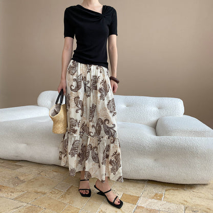 【ボトムス】フレンチバカンス風 フェザー柄切り替えデザイン ハイウエストゴム入りAラインスカート【SHシリーズ】【JZシリーズ】